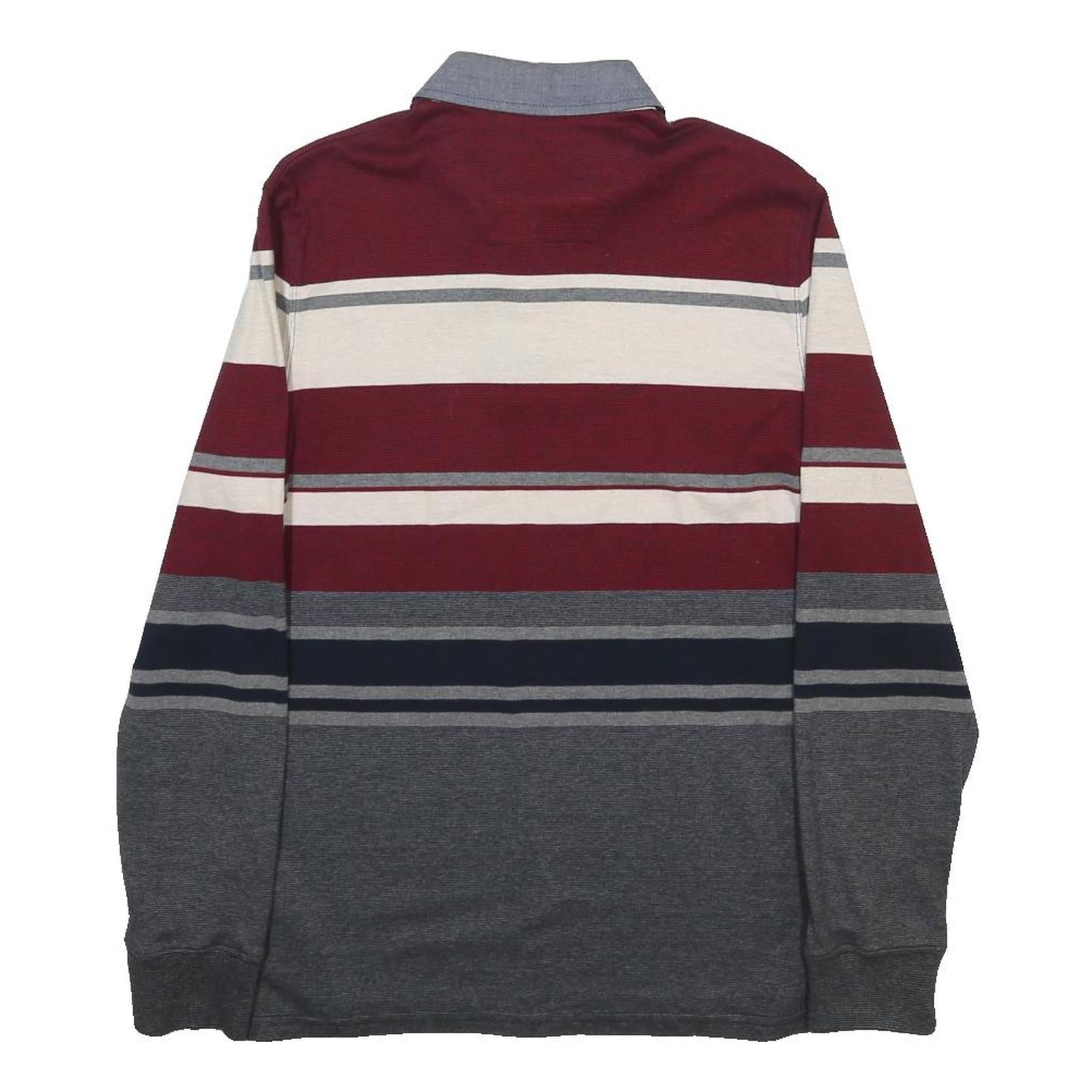 MAINE Mens Maroon & Grey Striped Long Sleeve Polo Shirt S Cotton Blend Classic