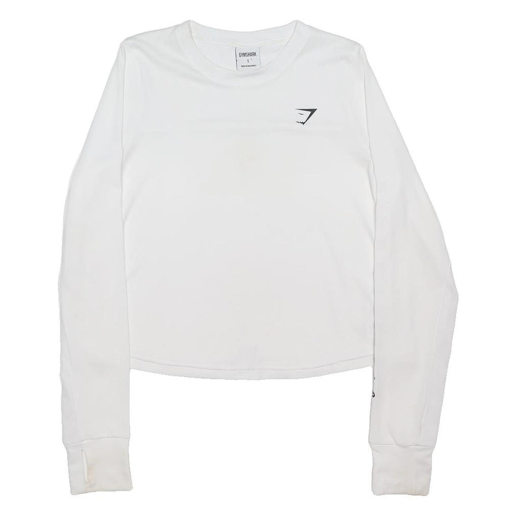GYMSHARK Womens White Long Sleeve Crew Neck Logo T-Shirt S Activewear