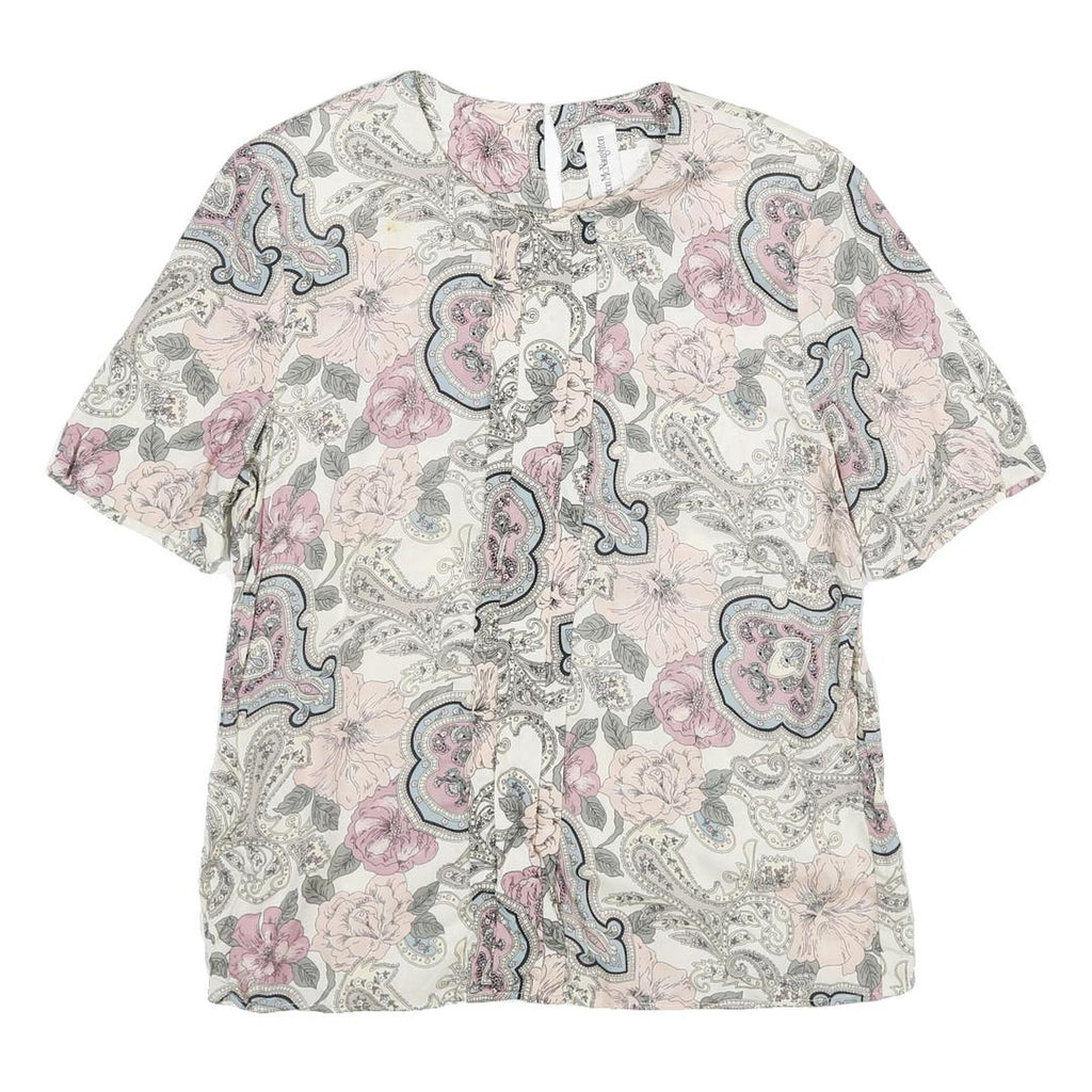 NORTON MCNAUGHTON Womens Pink Blue Cream Floral Printed Top Short Sleeve Crew