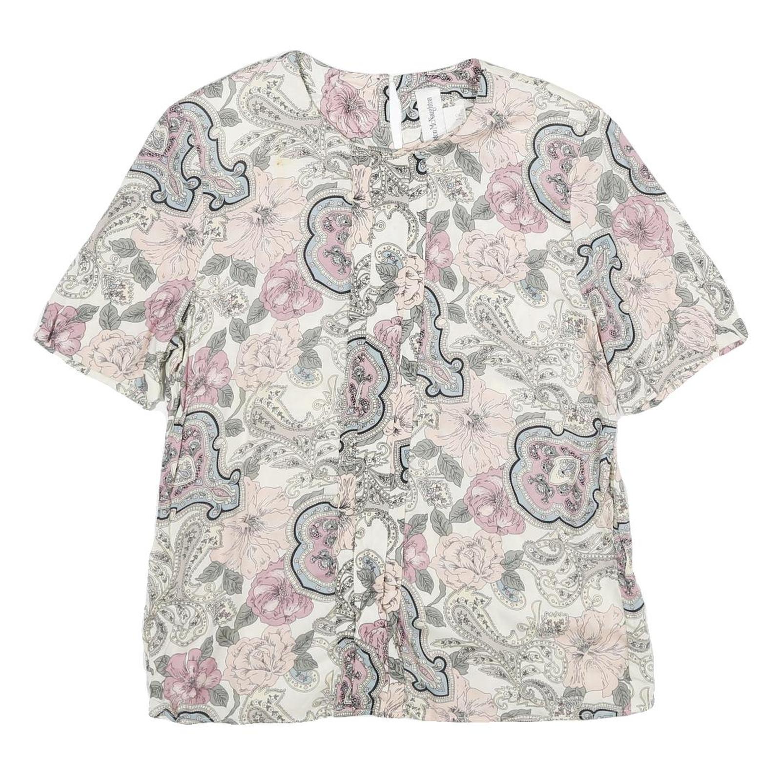 NORTON MCNAUGHTON Womens Pink Blue Cream Floral Printed Top Short Sleeve Crew