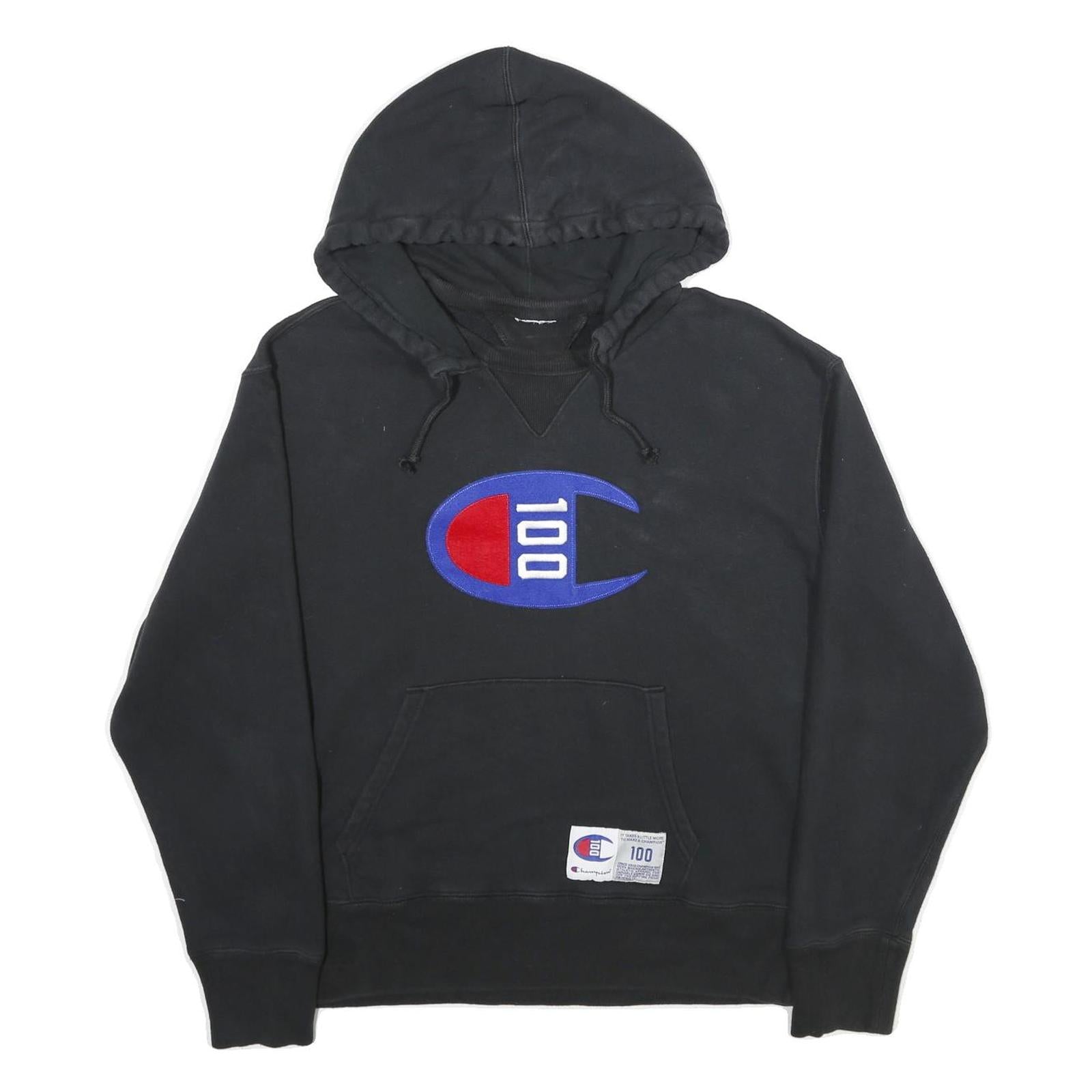 CHAMPION Mens Black Hoodie L Cotton Blend Pullover Logo Patch Sweatshirt