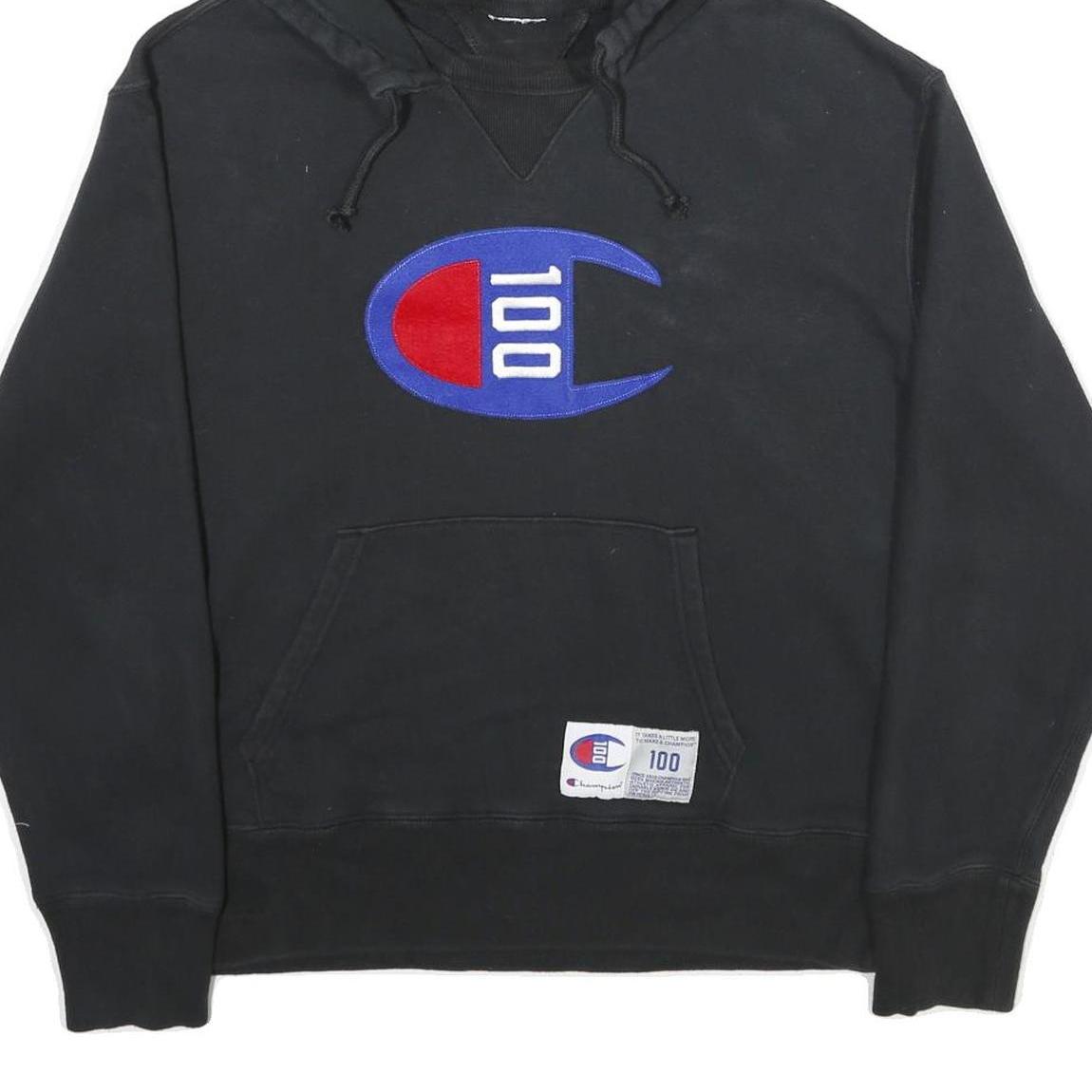 CHAMPION Mens Black Hoodie L Cotton Blend Pullover Logo Patch Sweatshirt