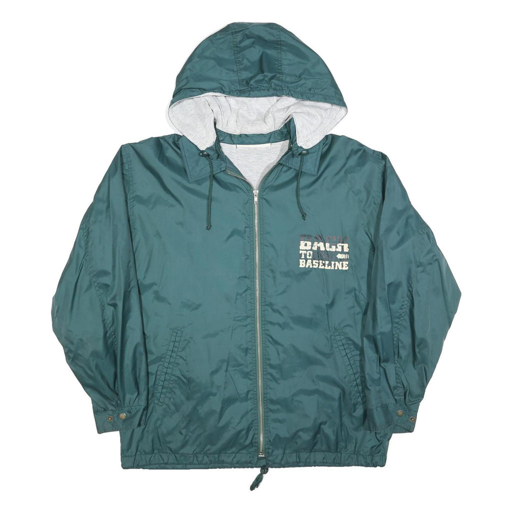 Mens Green Poly Blend Hooded Zip Jacket L Printed Text Casual Lightweight