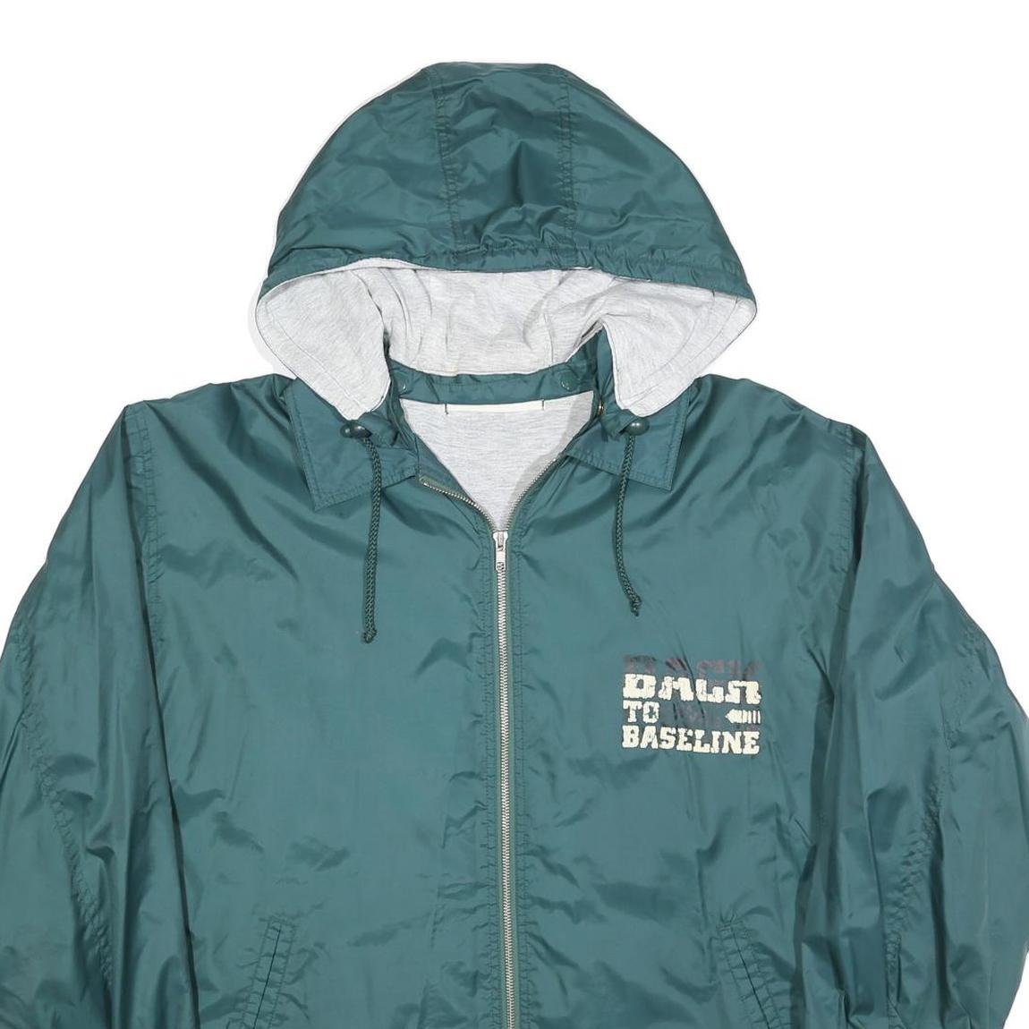 Mens Green Poly Blend Hooded Zip Jacket L Printed Text Casual Lightweight