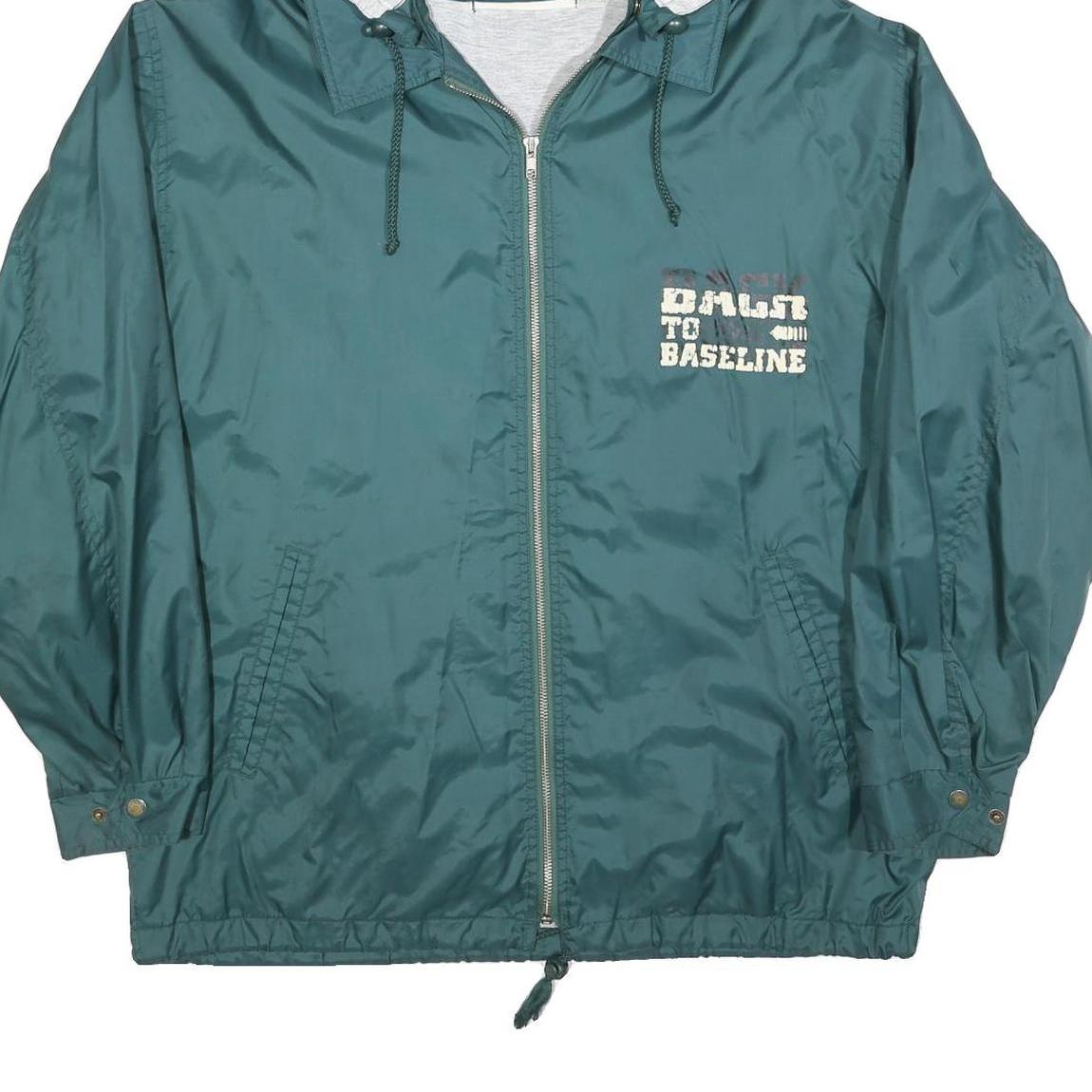 Mens Green Poly Blend Hooded Zip Jacket L Printed Text Casual Lightweight