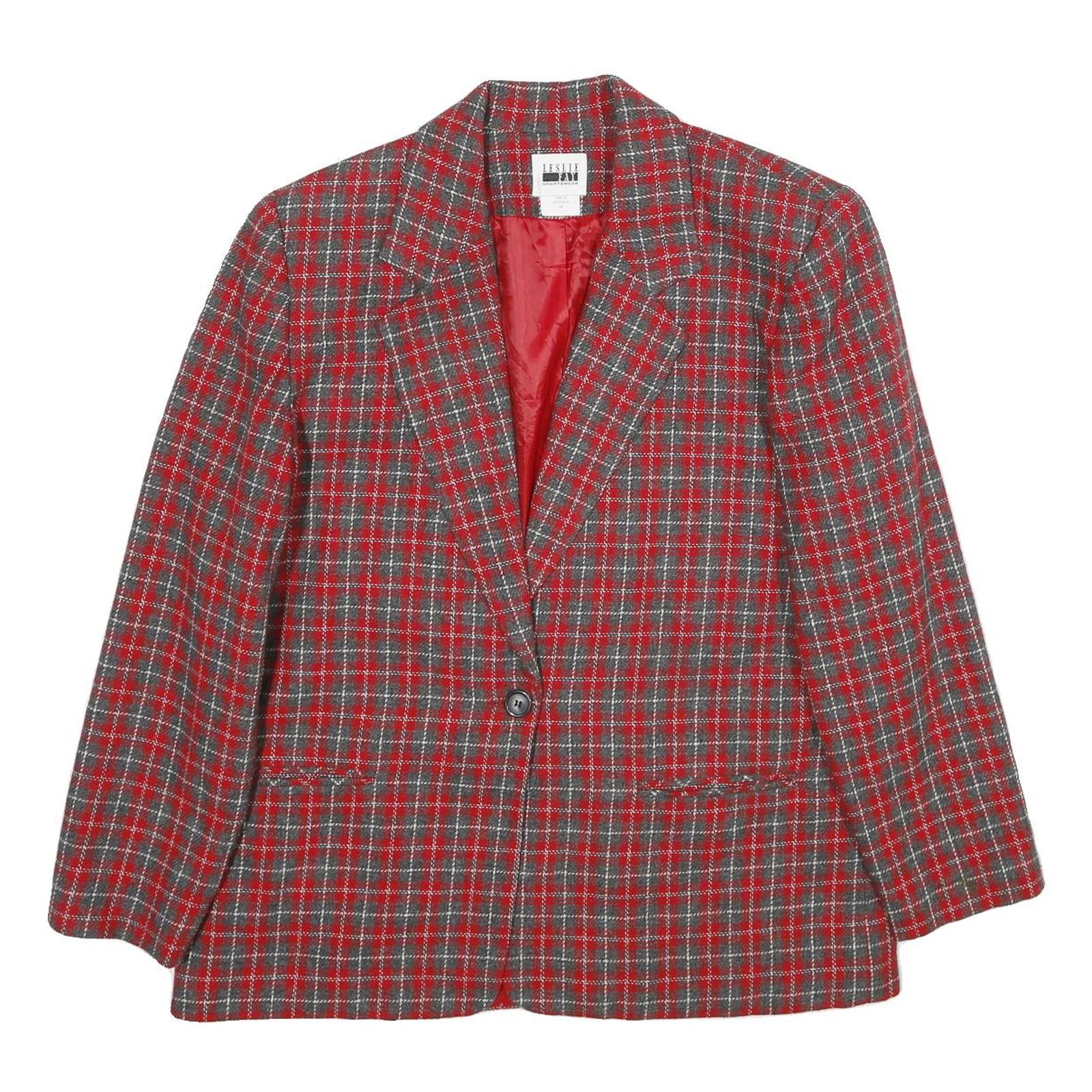 LESLIE FAY Womens Red Grey Check Wool Blend Button Jacket UK 18 Classic Fit