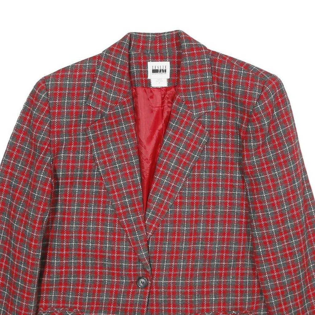 LESLIE FAY Womens Red Grey Check Wool Blend Button Jacket UK 18 Classic Fit