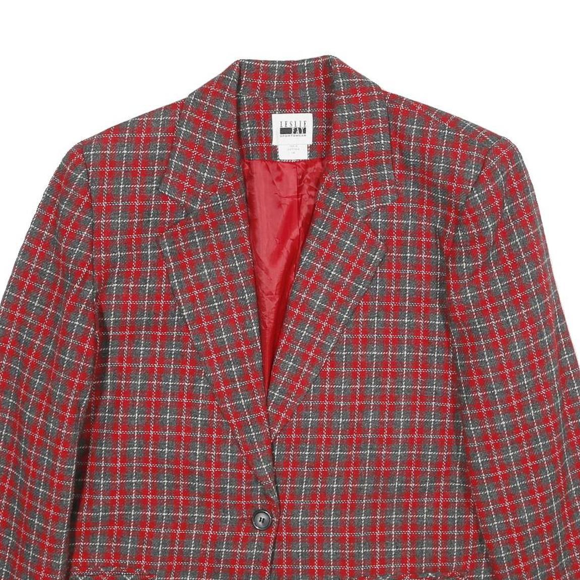 LESLIE FAY Womens Red Grey Check Wool Blend Button Jacket UK 18 Classic Fit