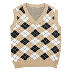 Womens Beige & Black Argyle V-Neck Jumper Patterned Knit XXS Sleeveless Vest