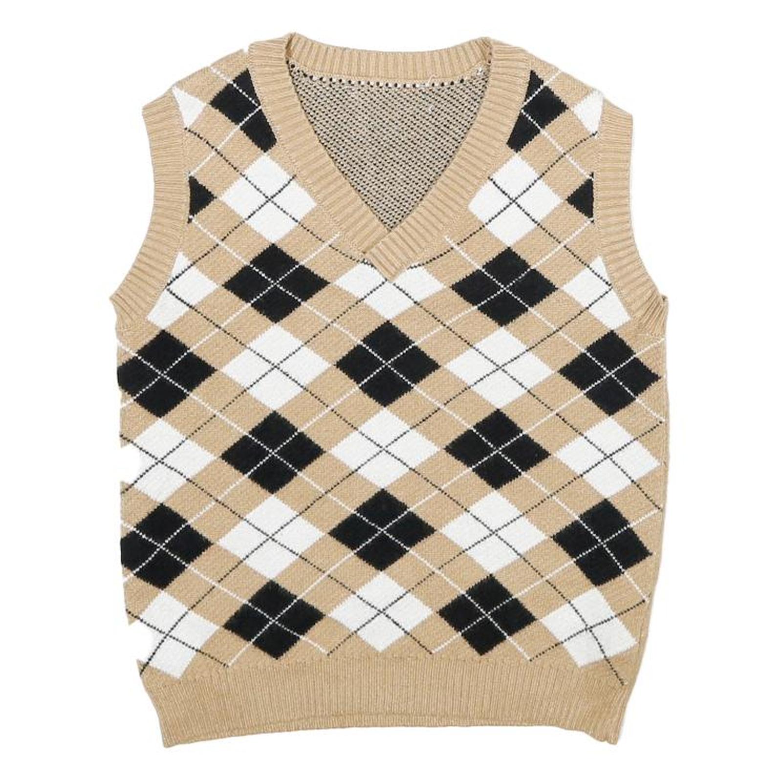Womens Beige & Black Argyle V-Neck Jumper Patterned Knit XXS Sleeveless Vest