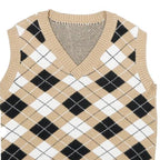 Womens Beige & Black Argyle V-Neck Jumper Patterned Knit XXS Sleeveless Vest