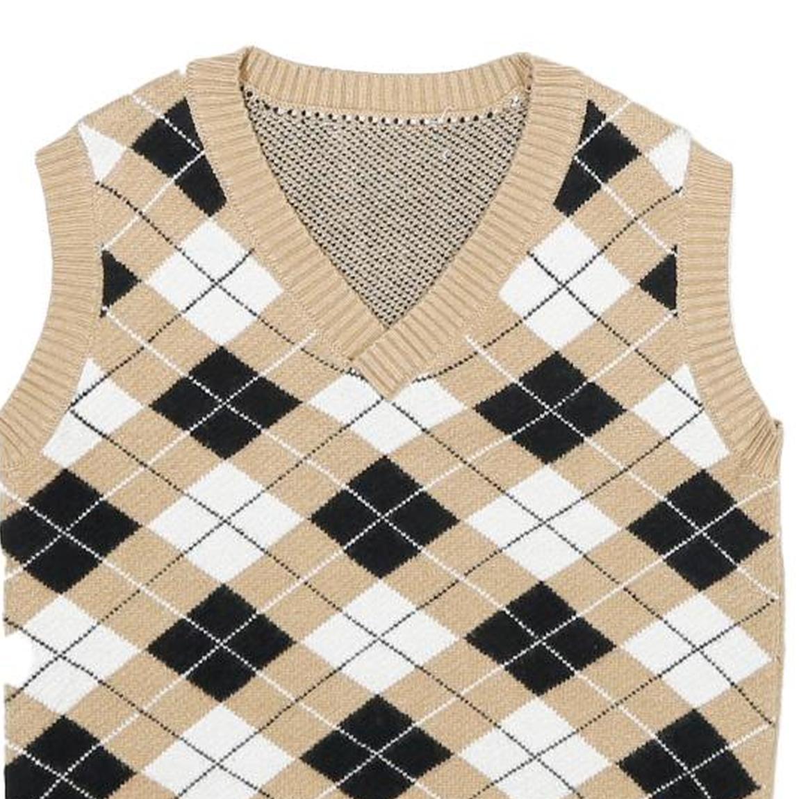 Womens Beige & Black Argyle V-Neck Jumper Patterned Knit XXS Sleeveless Vest