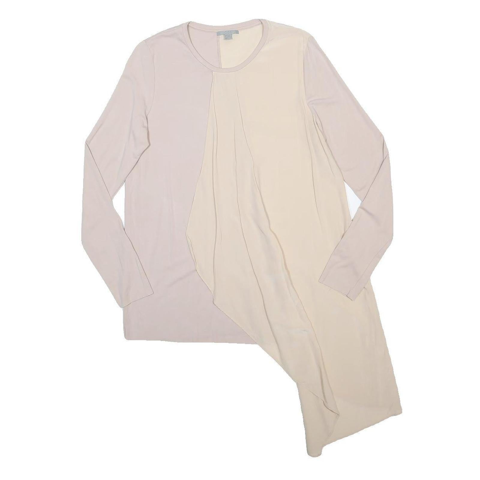 COS Womens Beige & Cream Asymmetric Woven Long Sleeve Round Neck Top S