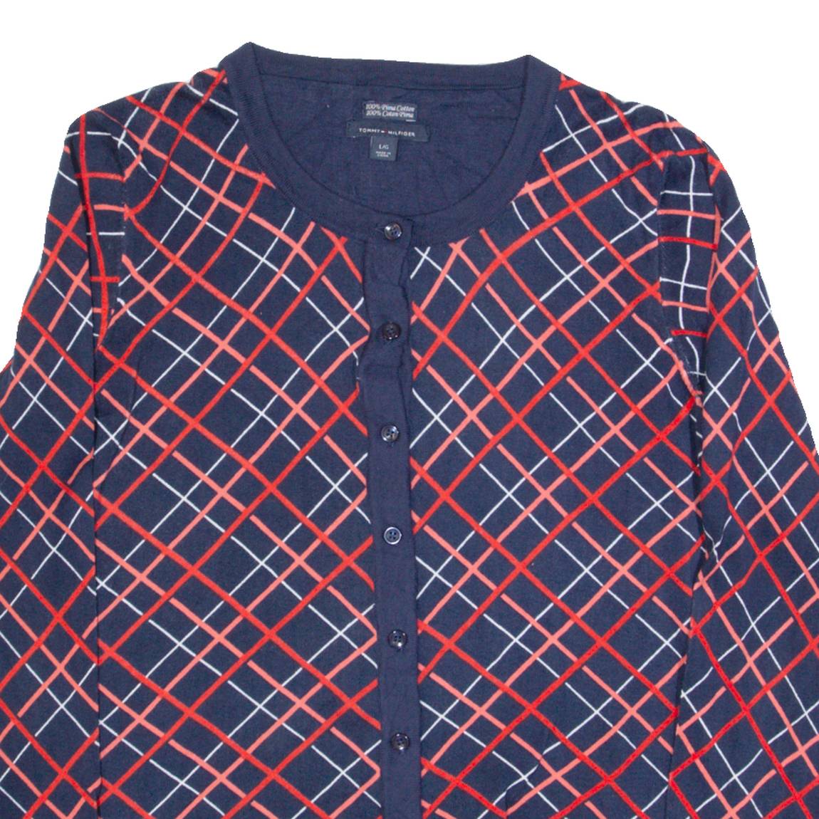 TOMMY HILFIGER Womens Patterned Cardigan Blue Check Tight Knit L