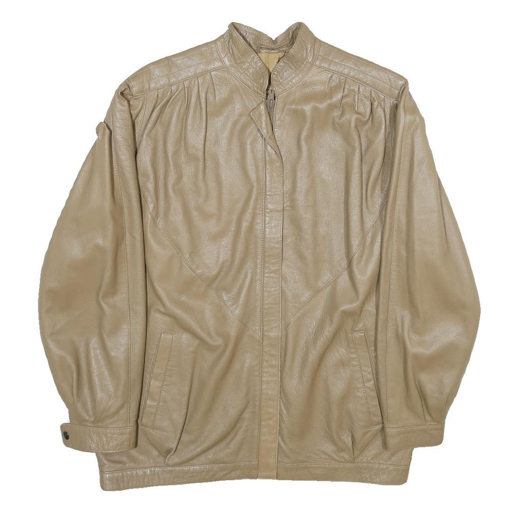 THE KING Womens Beige Leather Jacket UK 10 Zip Stand-Up Collar Classic Style