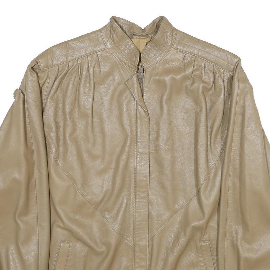 THE KING Womens Beige Leather Jacket UK 10 Zip Stand-Up Collar Classic Style