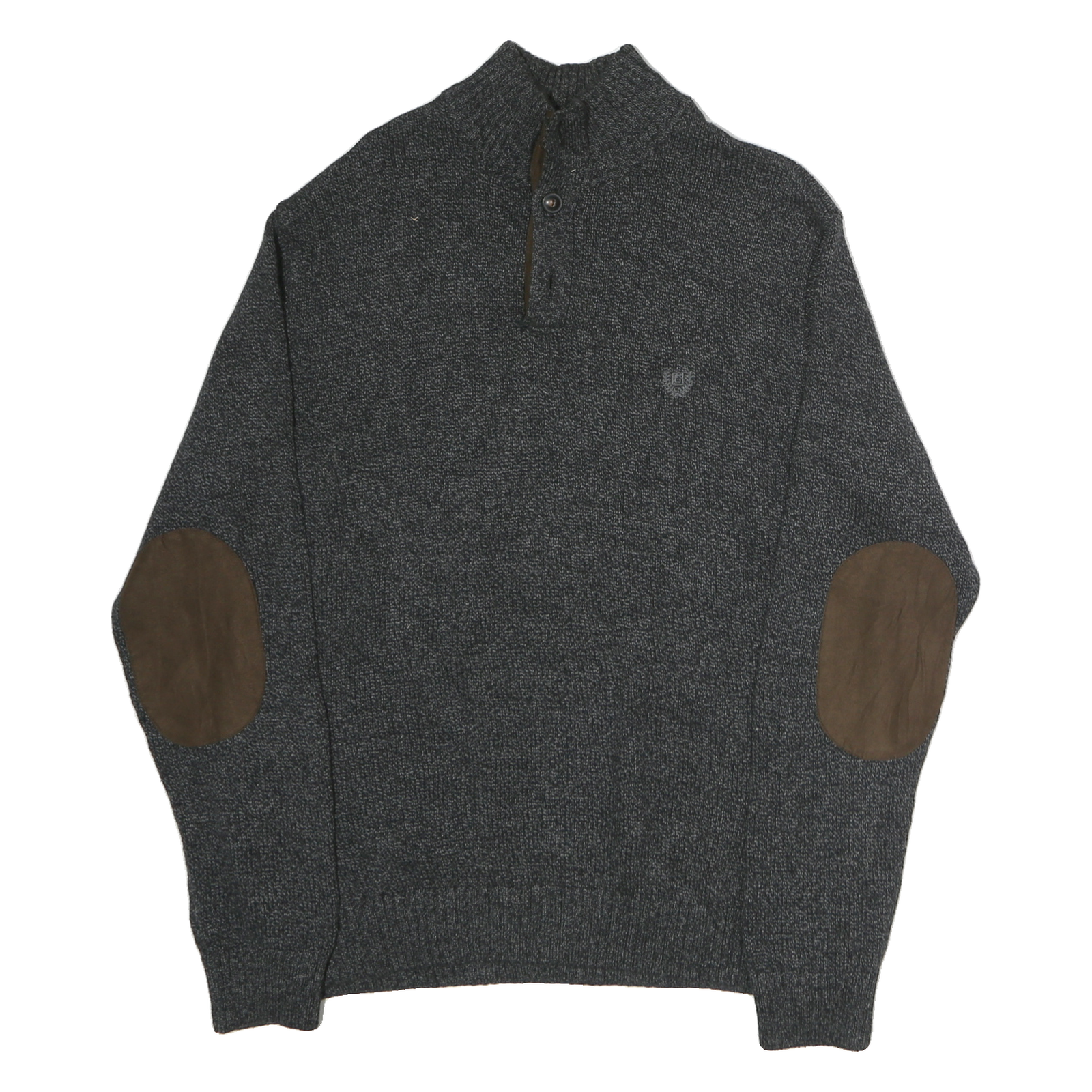 CHAPS Mens Black & Brown Plain Jumper Stand-Up Collar Chunky Knit L Button Neck