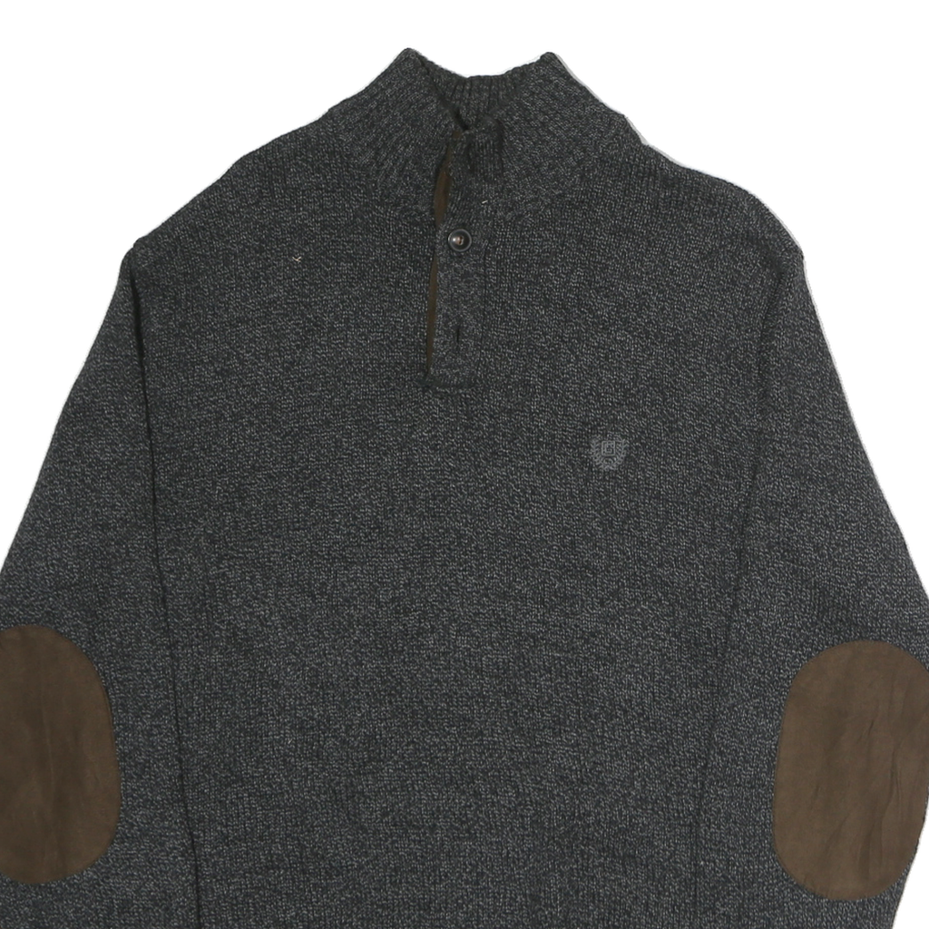 CHAPS Mens Black & Brown Plain Jumper Stand-Up Collar Chunky Knit L Button Neck