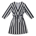 H&M Womens Black & White Striped Day Dress Polyester Blend S Belted V-Neck