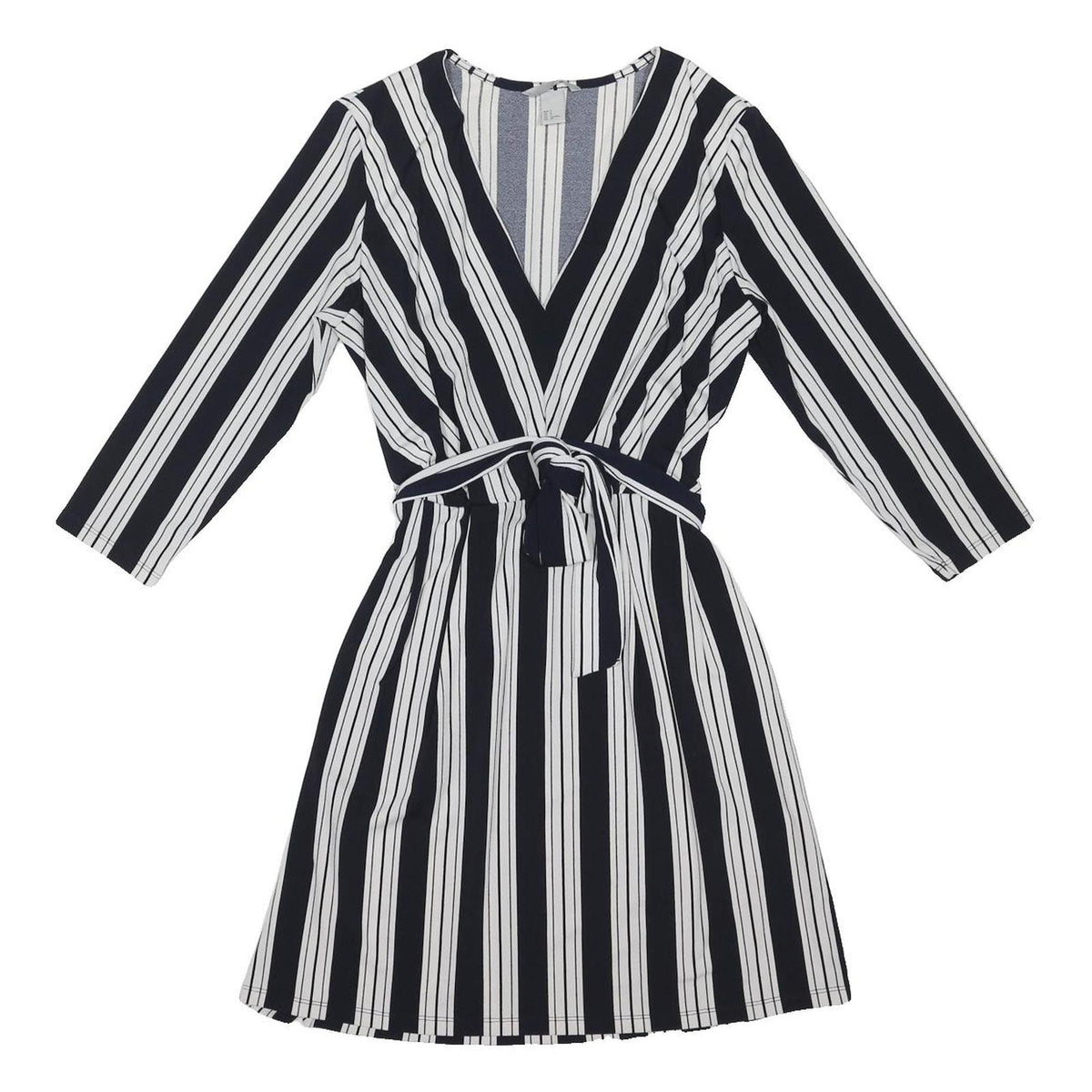 H&M Womens Black & White Striped Day Dress Polyester Blend S Belted V-Neck