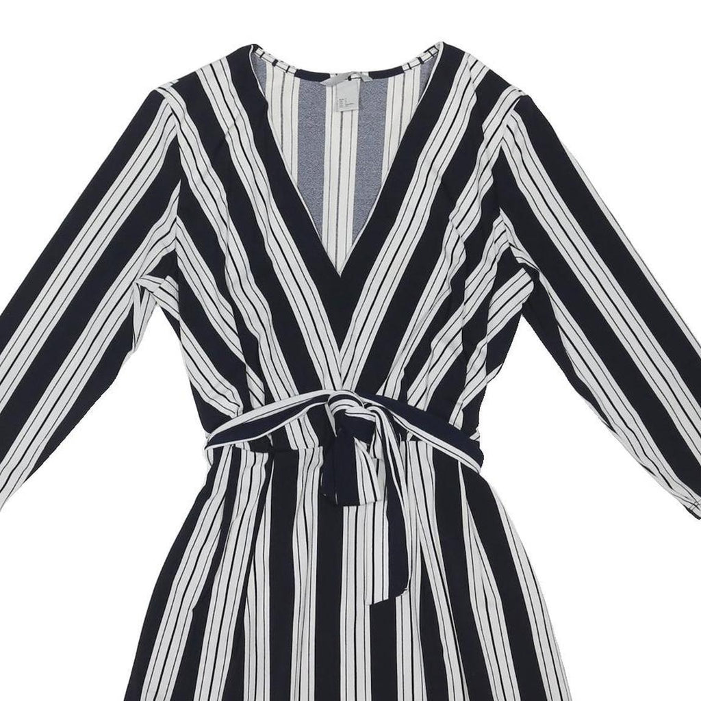 H&M Womens Black & White Striped Day Dress Polyester Blend S Belted V-Neck