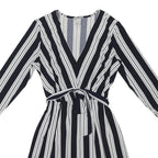 H&M Womens Black & White Striped Day Dress Polyester Blend S Belted V-Neck