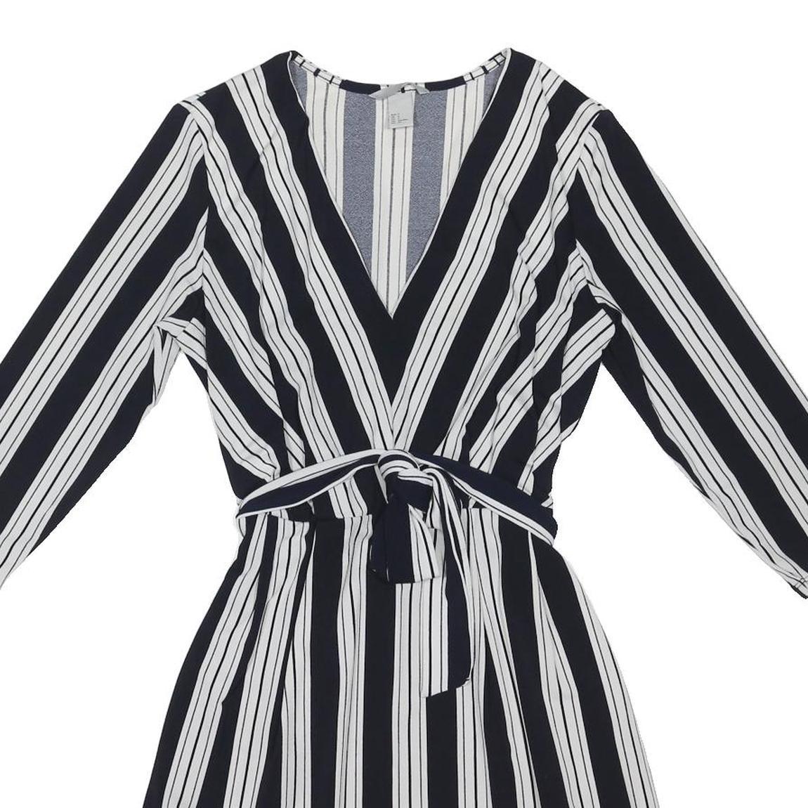 H&M Womens Black & White Striped Day Dress Polyester Blend S Belted V-Neck
