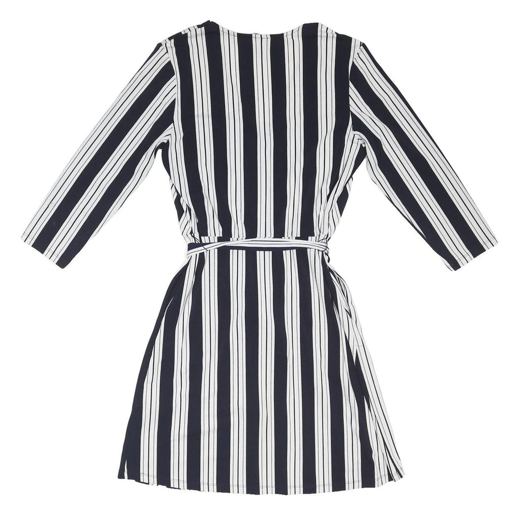 H&M Womens Black & White Striped Day Dress Polyester Blend S Belted V-Neck