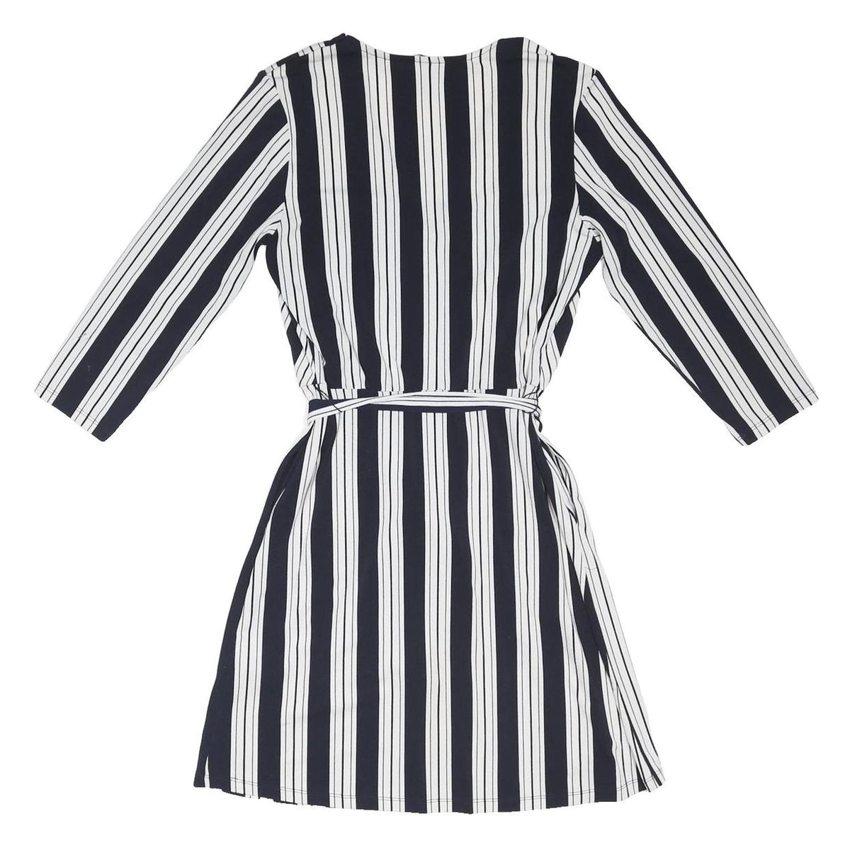 H&M Womens Black & White Striped Day Dress Polyester Blend S Belted V-Neck
