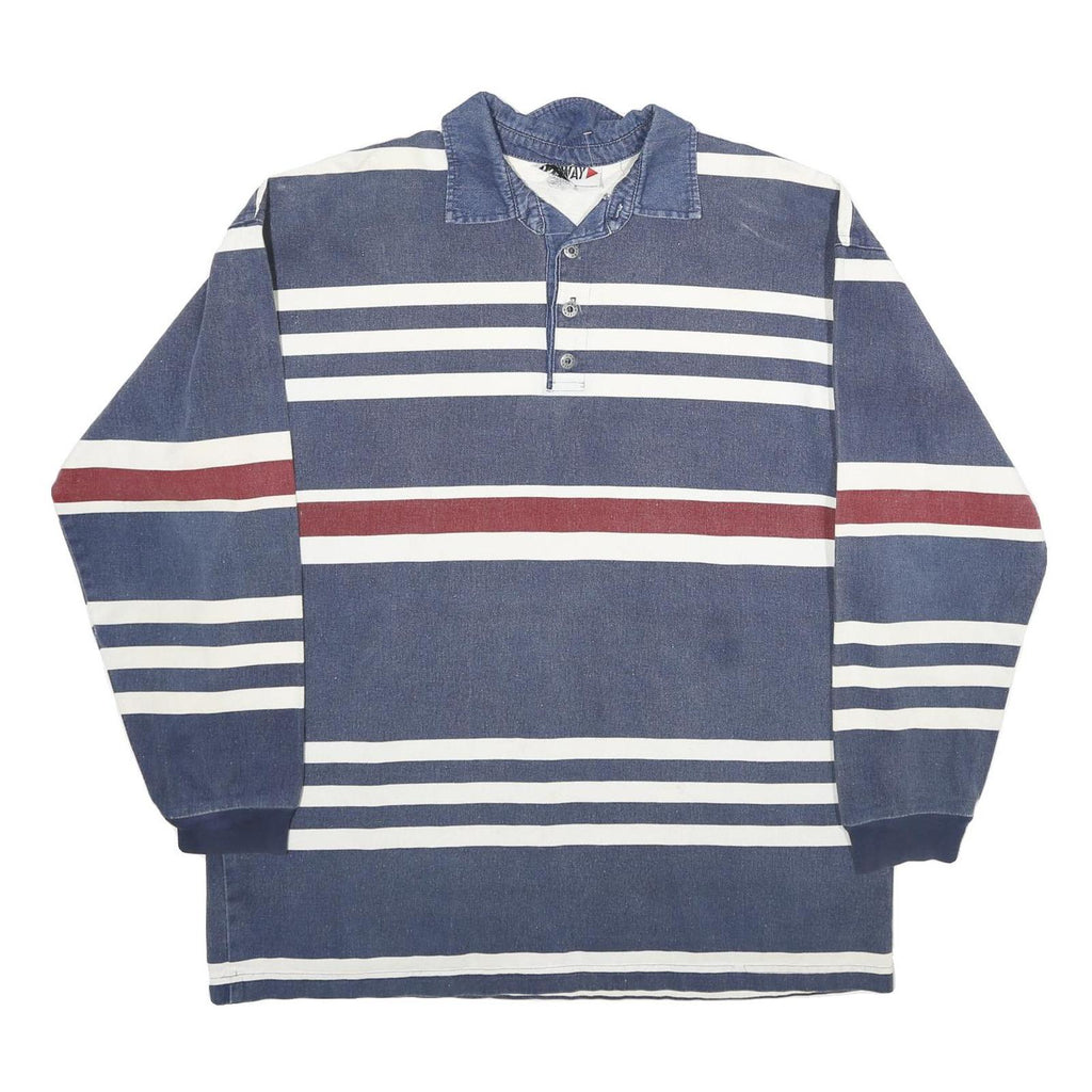 ONEWAY Mens Blue & Red Striped Long Sleeve Polo Shirt L Cotton Casual