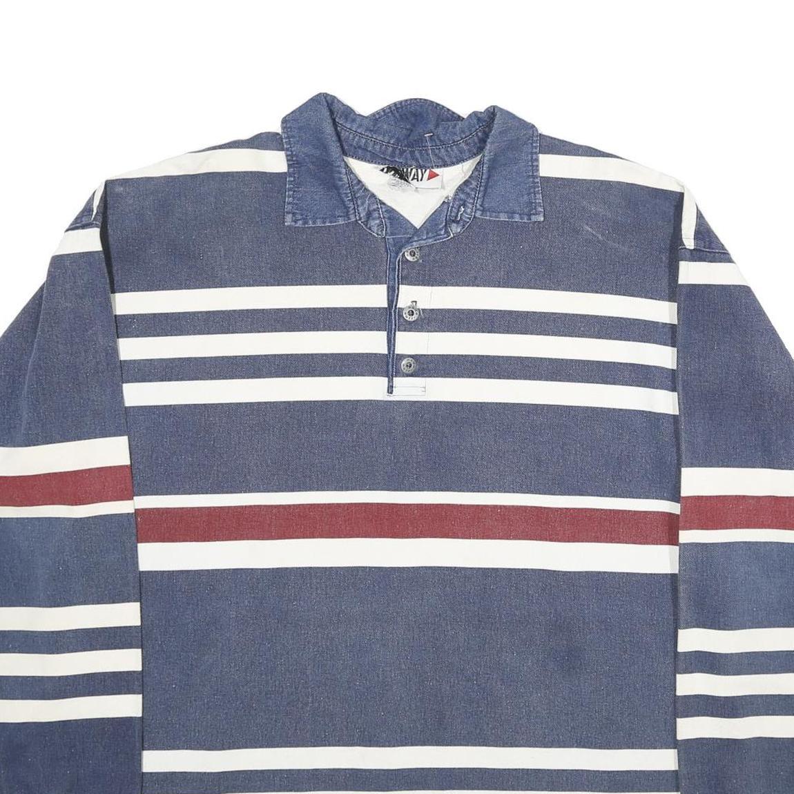 ONEWAY Mens Blue & Red Striped Long Sleeve Polo Shirt L Cotton Casual