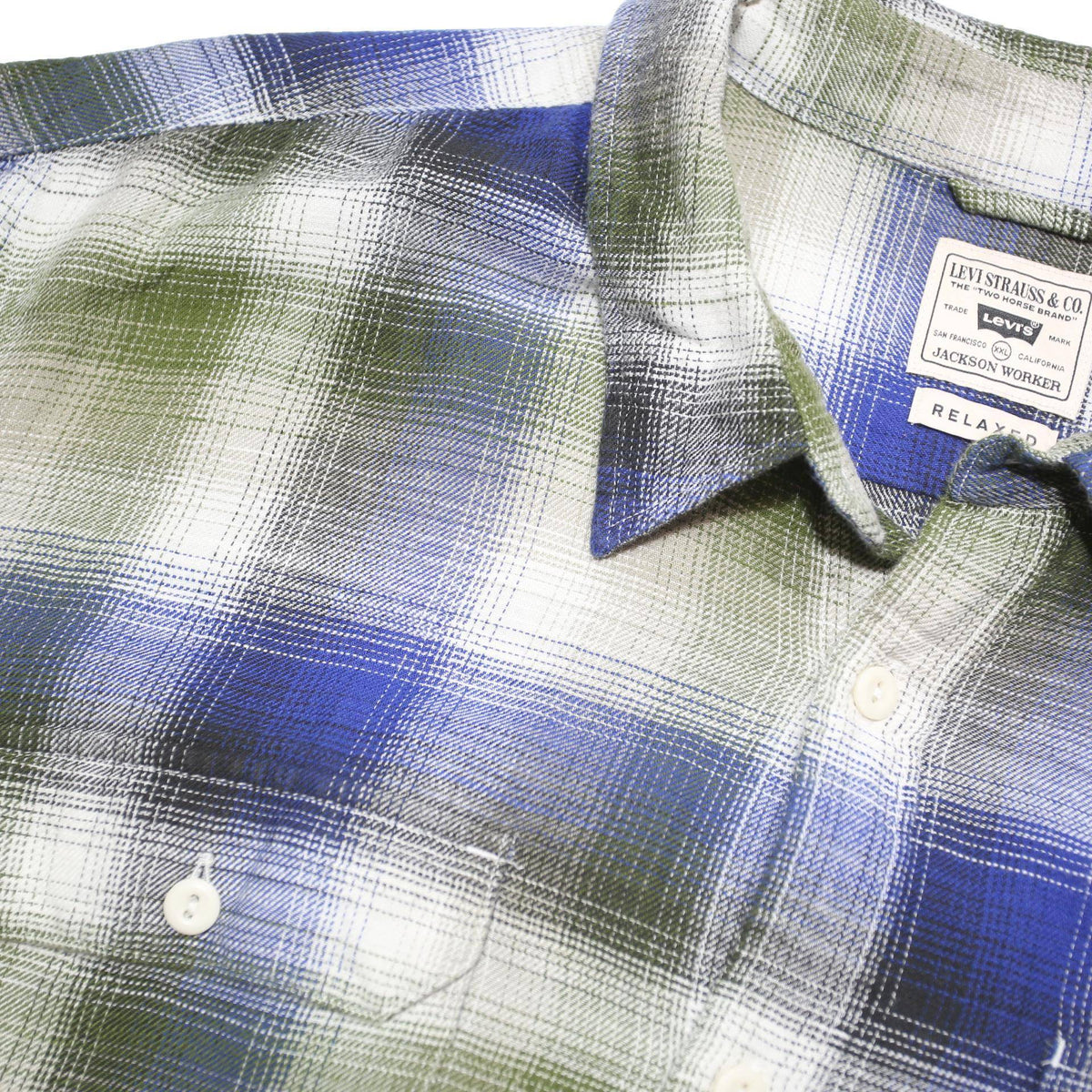 LEVI'S Mens Blue & Green Check Shirt 2XL Cotton Blend Casual Relaxed Fit