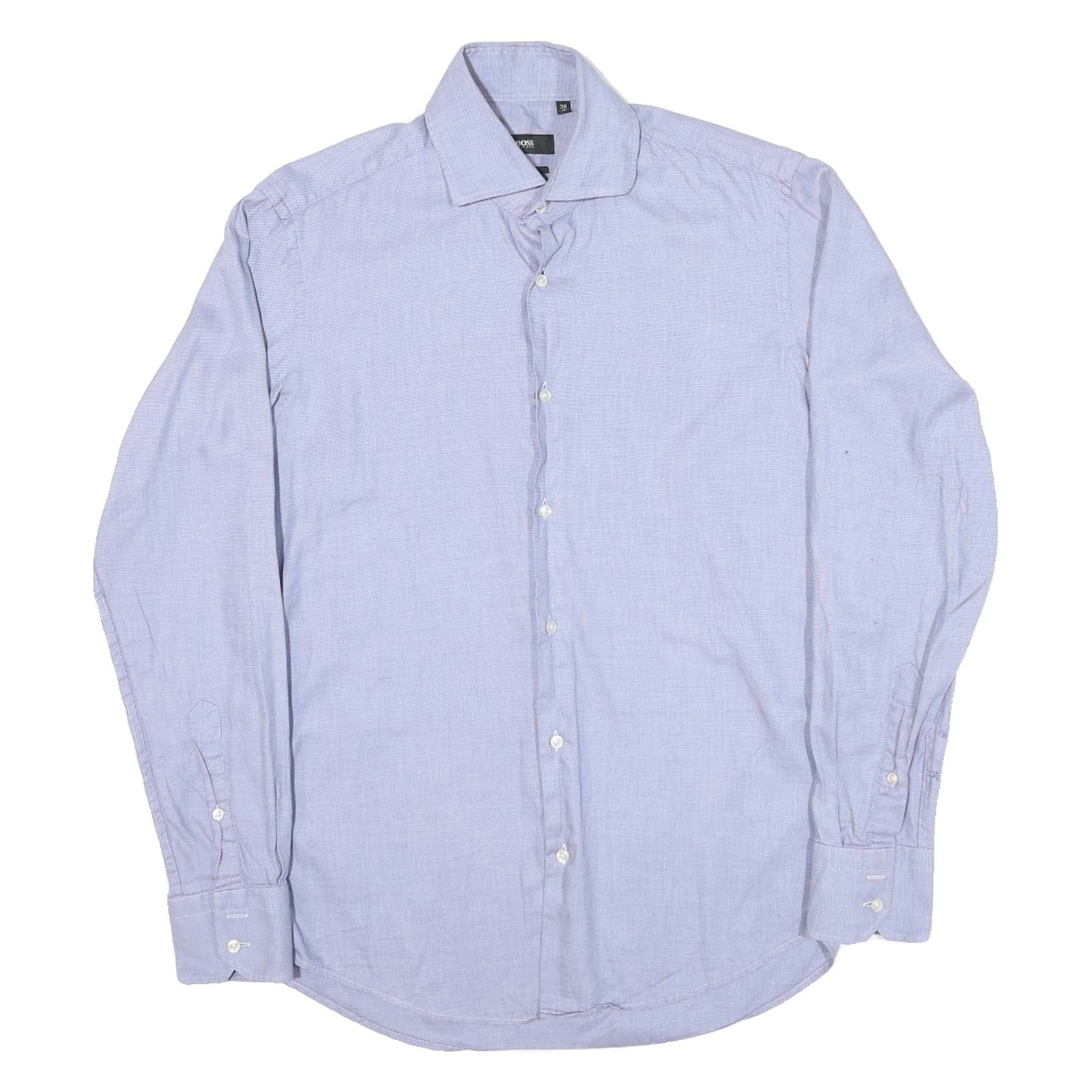 BOSS Mens Blue Plain Shirt L Cotton Blend Classic Fit Long Sleeve Button Shirt