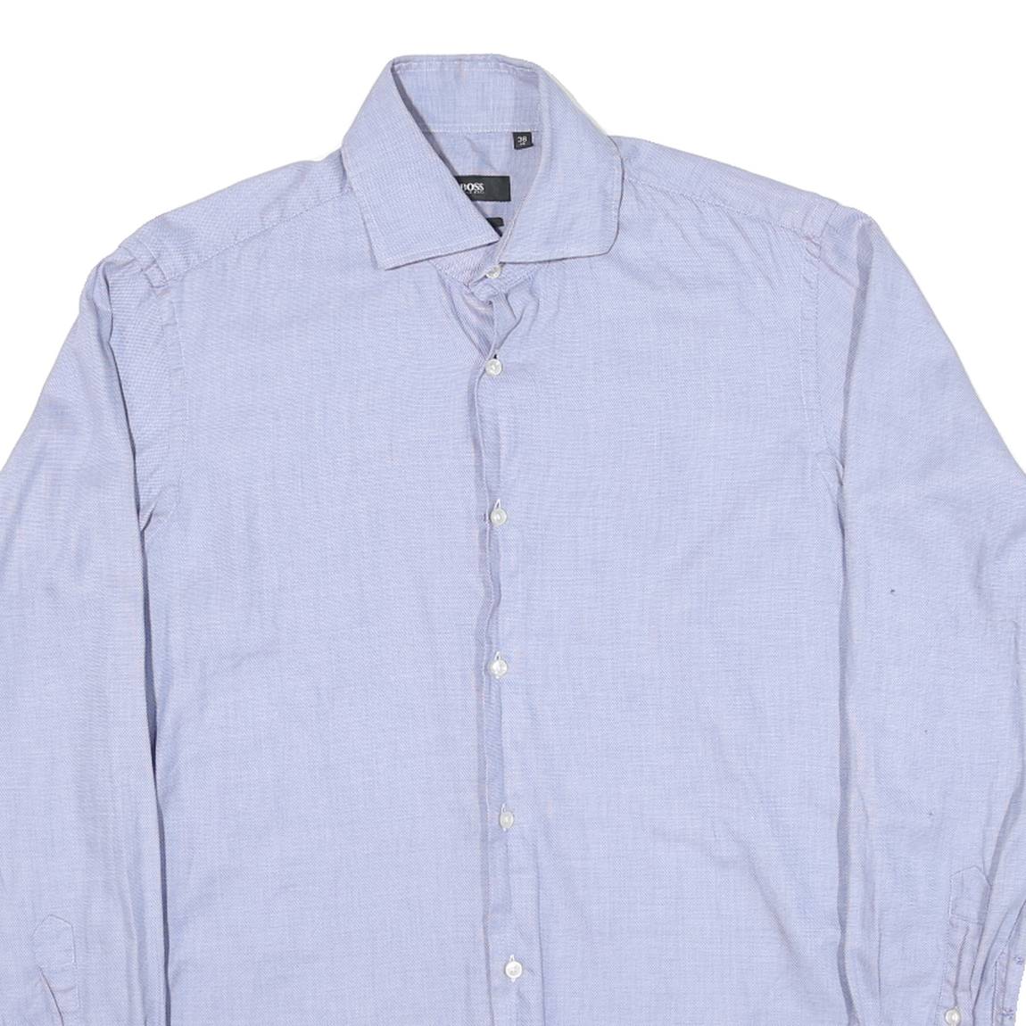 BOSS Mens Blue Plain Shirt L Cotton Blend Classic Fit Long Sleeve Button Shirt