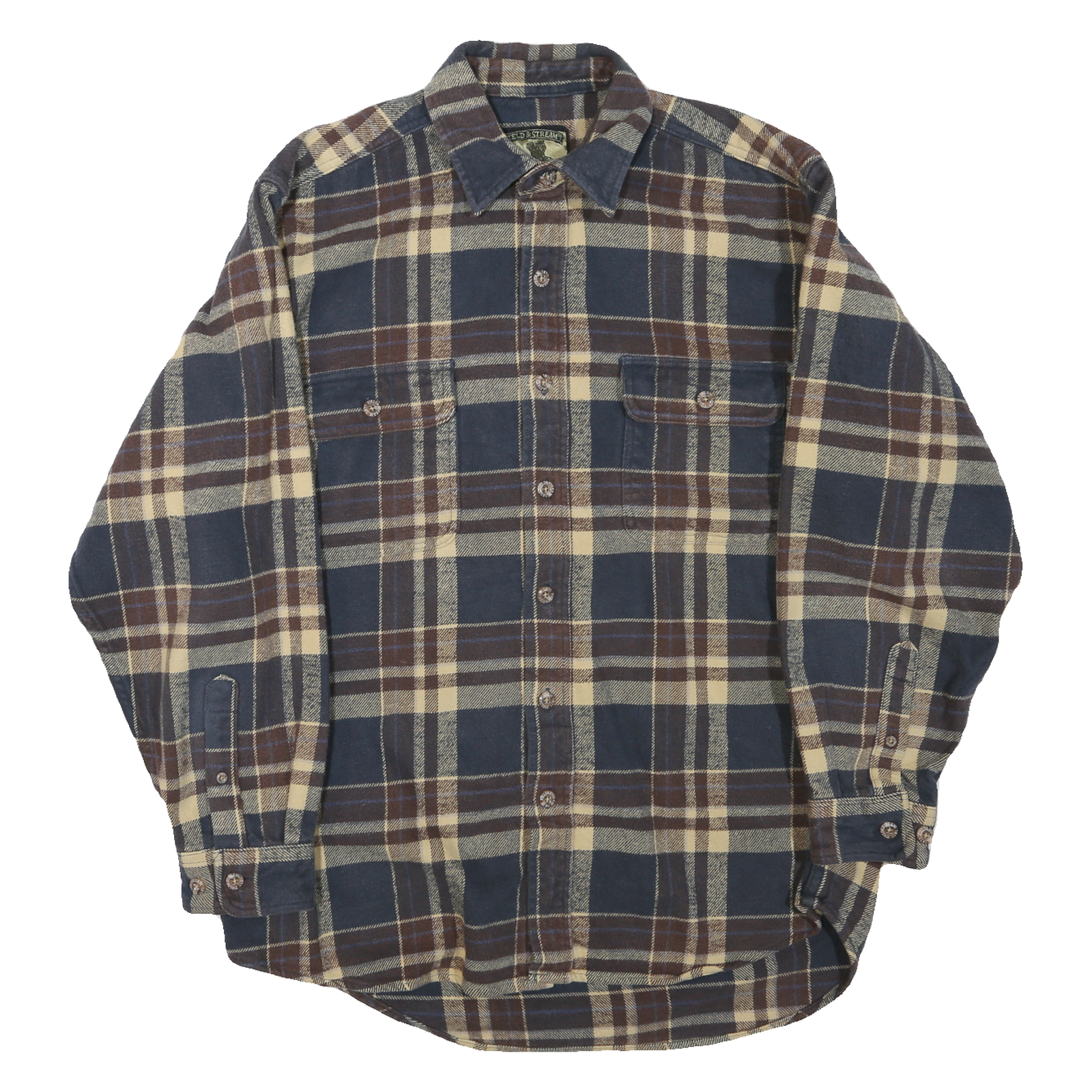 FIELD & STREAM Mens Blue Beige Plaid Shirt M Cotton Blend Button Closure Long