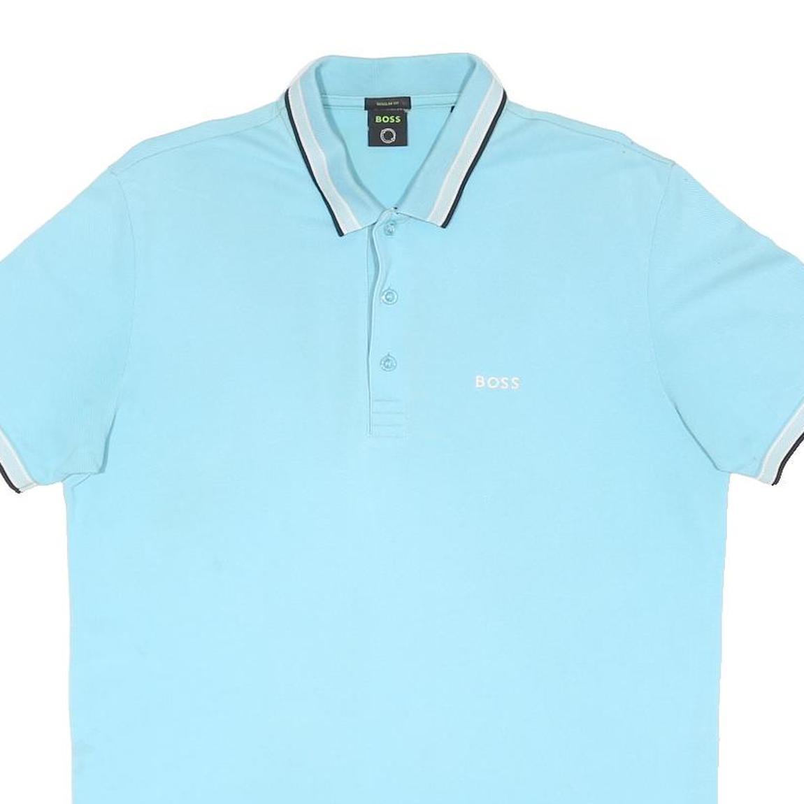 BOSS Mens Light Blue Short Sleeve Plain Polo Shirt M Cotton Blend Stylish