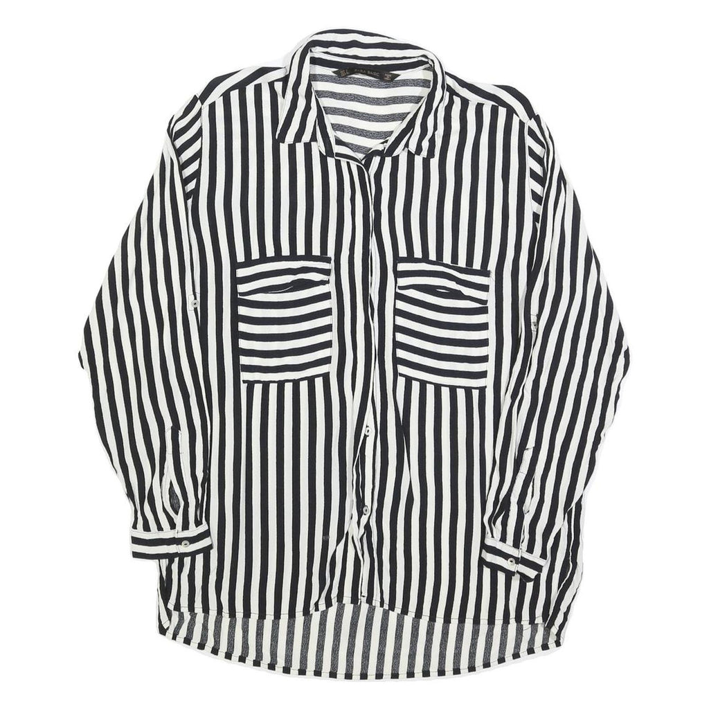 ZARA BASIC Womens Black & White Striped Shirt Long Sleeve Collared L Button Up