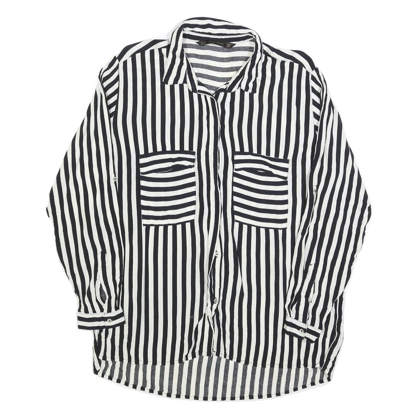 ZARA BASIC Womens Black & White Striped Shirt Long Sleeve Collared L Button Up