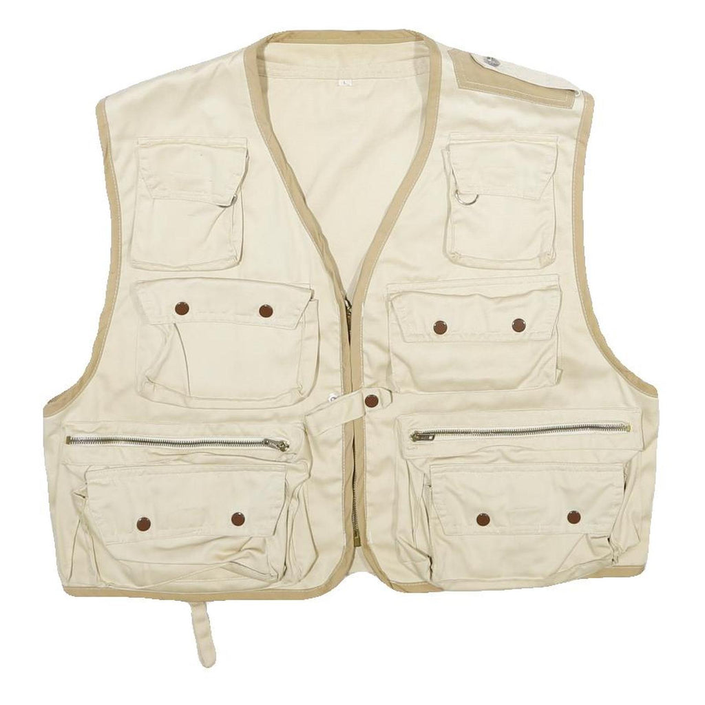 Mens Beige & Cream Cotton Blend Zip Jacket L Multi Pocket Outdoor Utility Vest