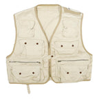 Mens Beige & Cream Cotton Blend Zip Jacket L Multi Pocket Outdoor Utility Vest
