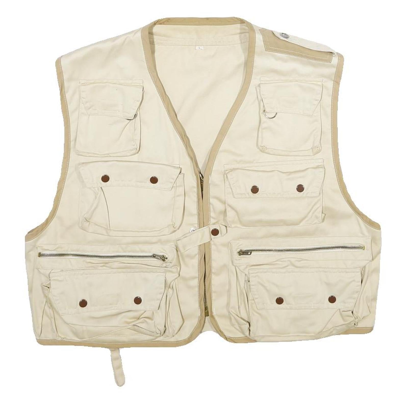 Mens Beige & Cream Cotton Blend Zip Jacket L Multi Pocket Outdoor Utility Vest