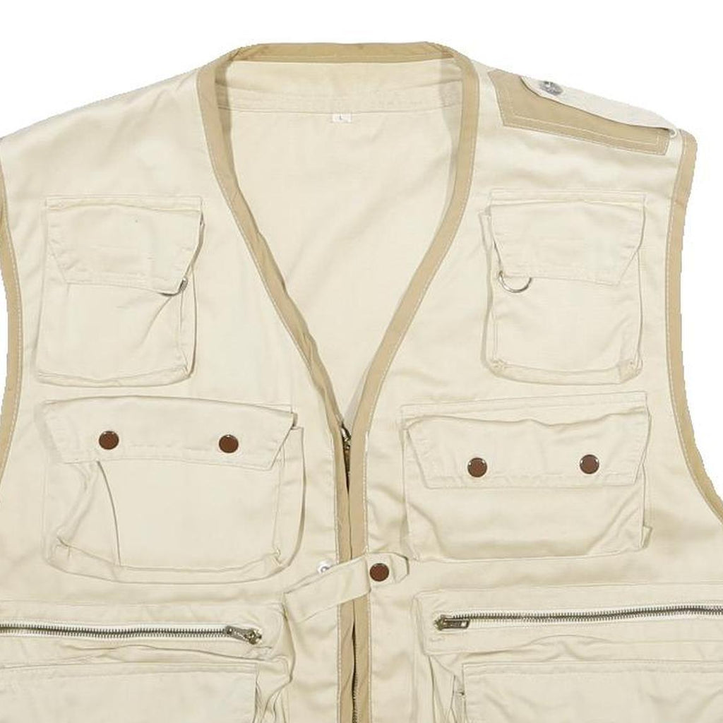 Mens Beige & Cream Cotton Blend Zip Jacket L Multi Pocket Outdoor Utility Vest