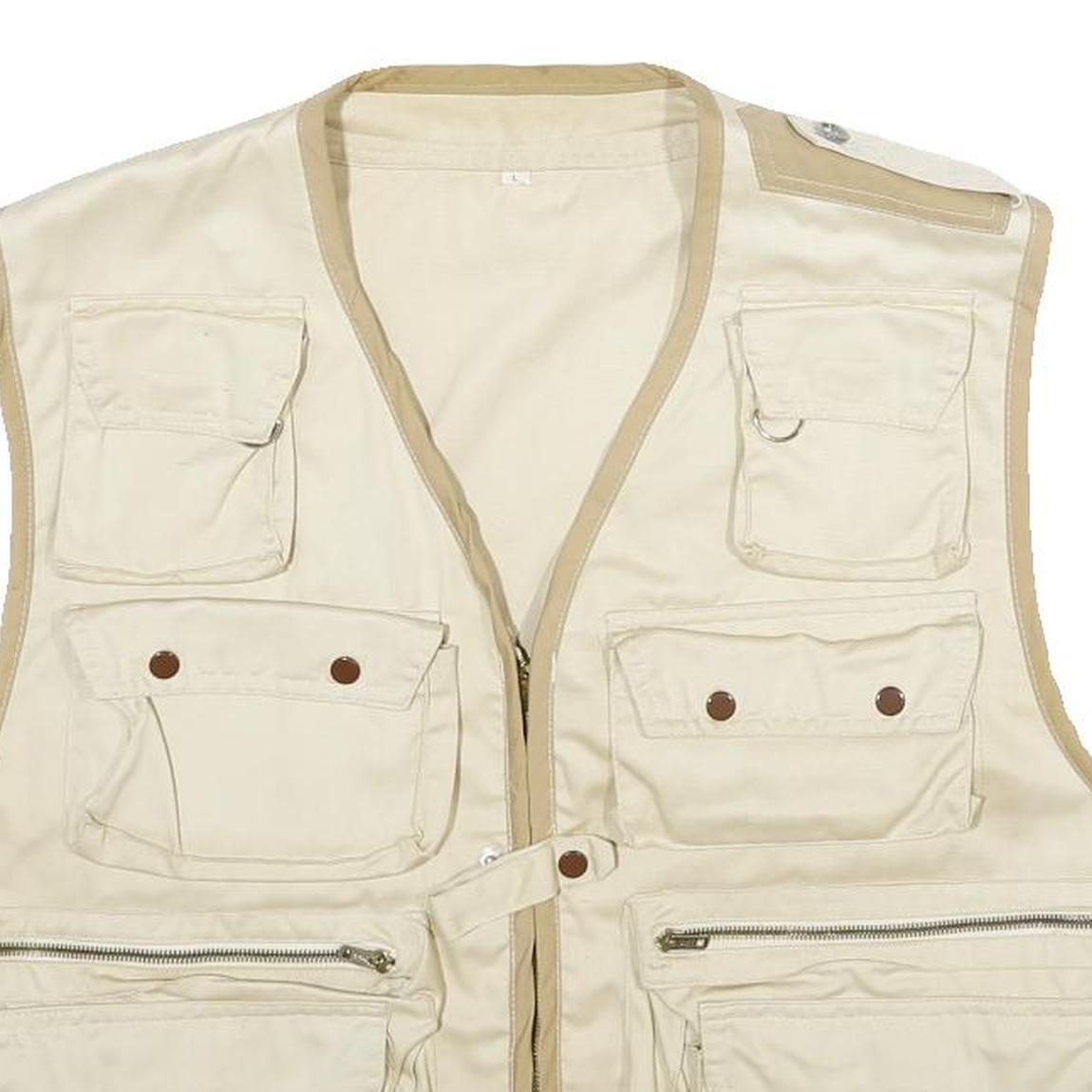 Mens Beige & Cream Cotton Blend Zip Jacket L Multi Pocket Outdoor Utility Vest