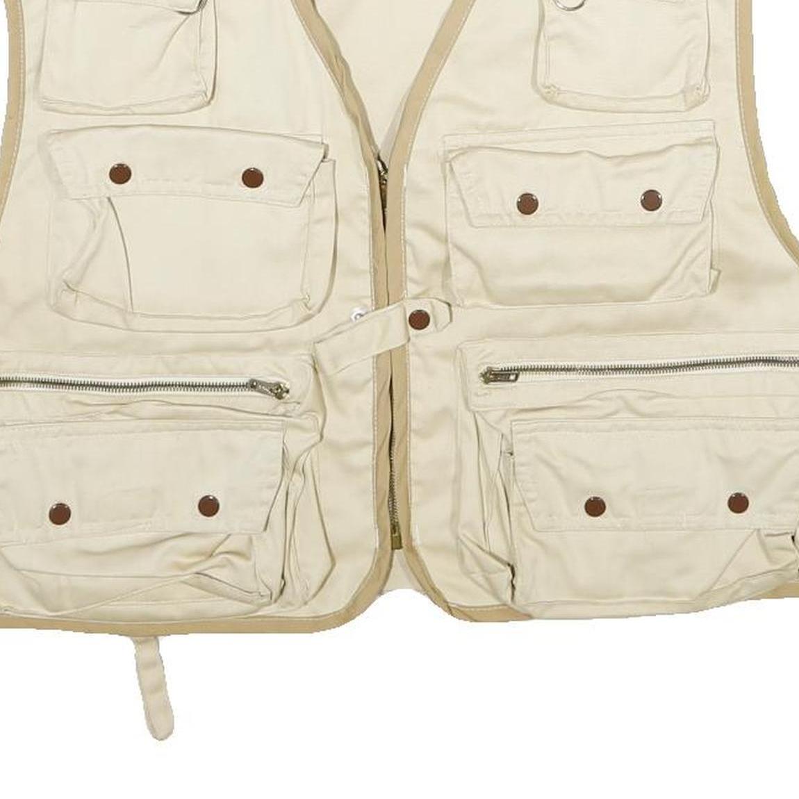 Mens Beige & Cream Cotton Blend Zip Jacket L Multi Pocket Outdoor Utility Vest