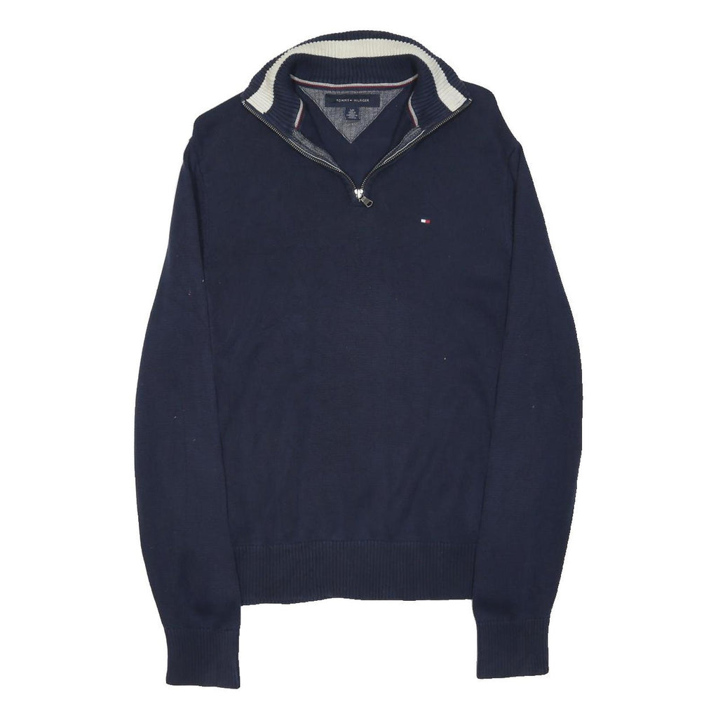 TOMMY HILFIGER Mens Navy Blue Plain Cotton Blend Pullover Jumper S Half Zip