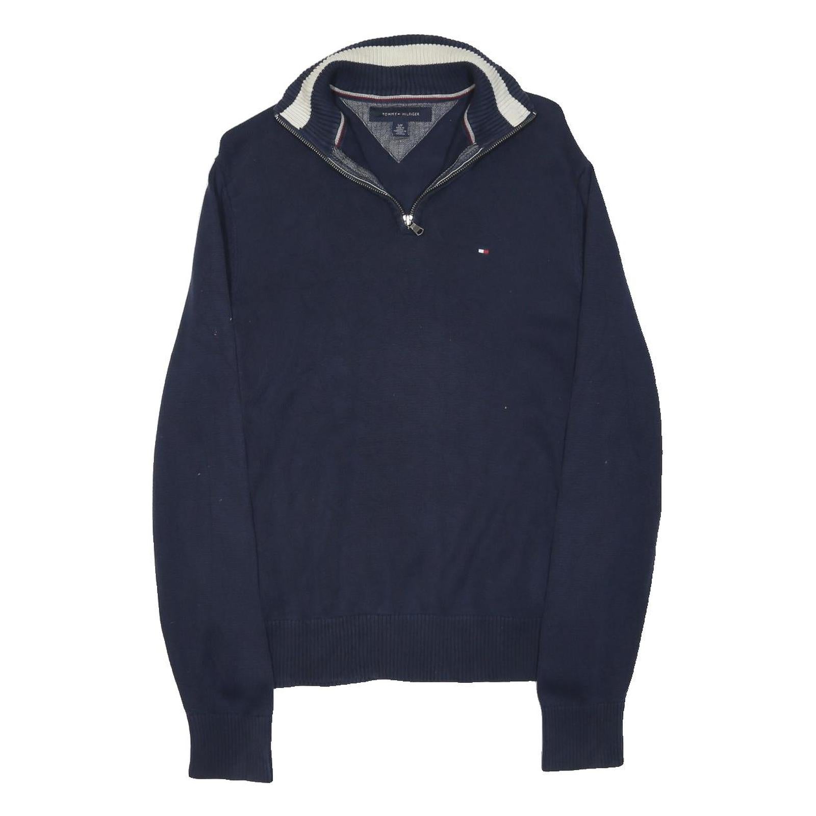 TOMMY HILFIGER Mens Navy Blue Plain Cotton Blend Pullover Jumper S Half Zip