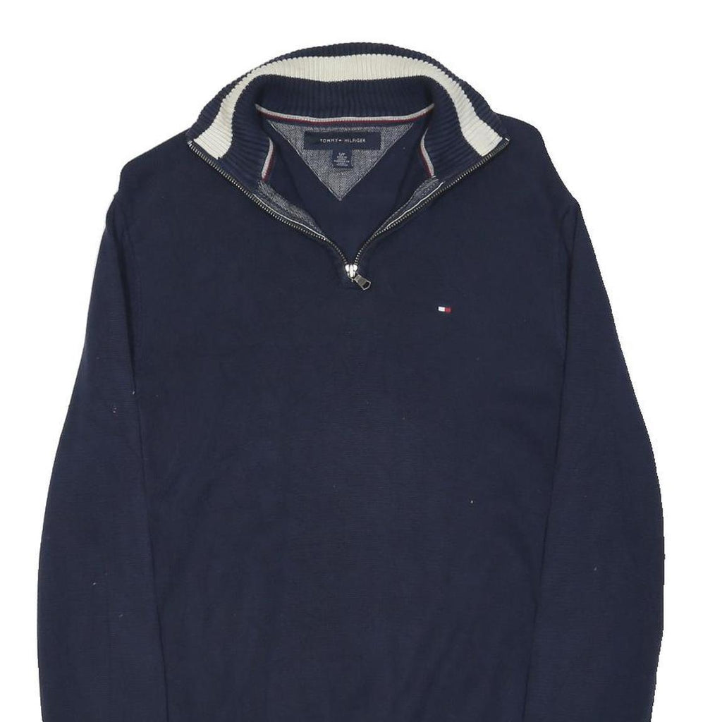 TOMMY HILFIGER Mens Navy Blue Plain Cotton Blend Pullover Jumper S Half Zip