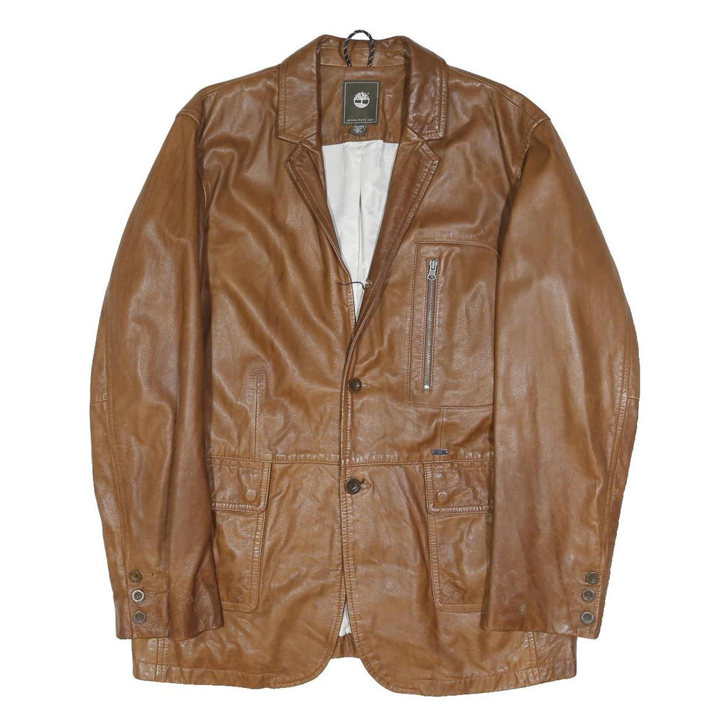TIMBERLAND Mens Brown Leather Jacket 2XL Button Closure Classic Fit Plain
