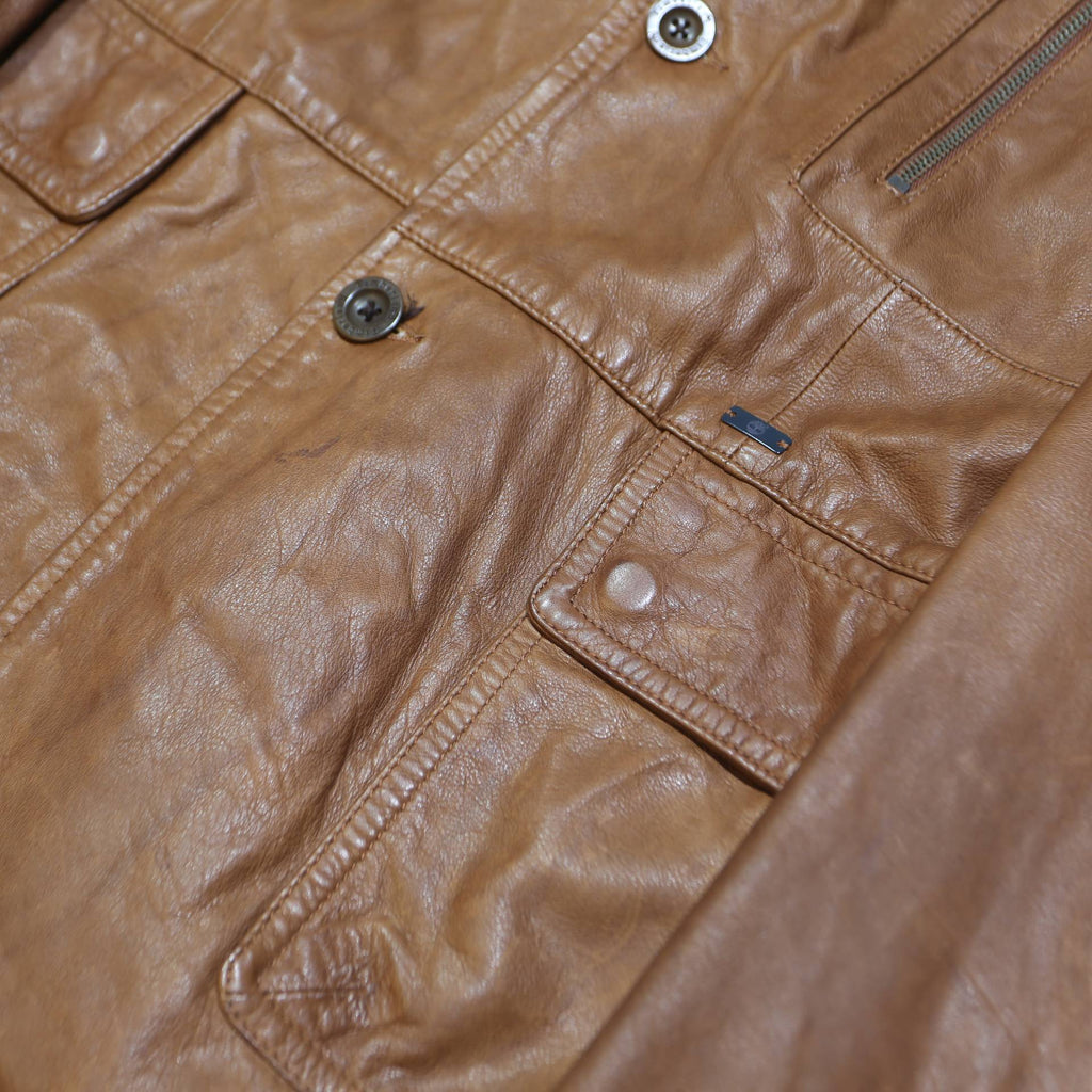 TIMBERLAND Mens Brown Leather Jacket 2XL Button Closure Classic Fit Plain