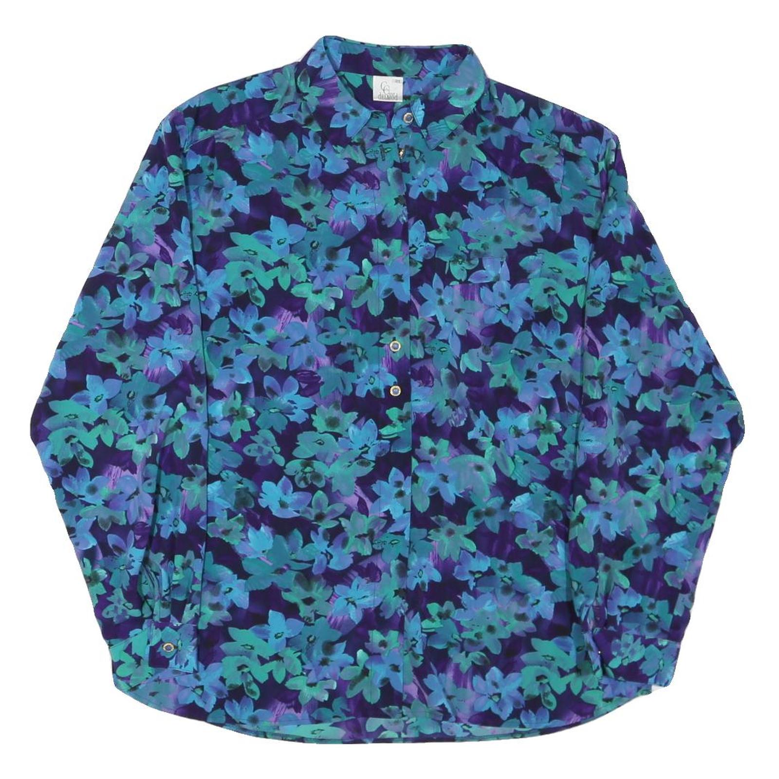 DELMOD Womens Blue & Green Floral Shirt Long Sleeve Collared XL Casual